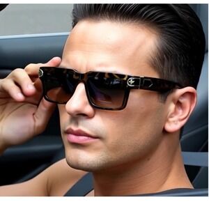Men's Tortoise Shell Sunglasses Square Frame Gradient Brown Lenses Luxury‎ Style